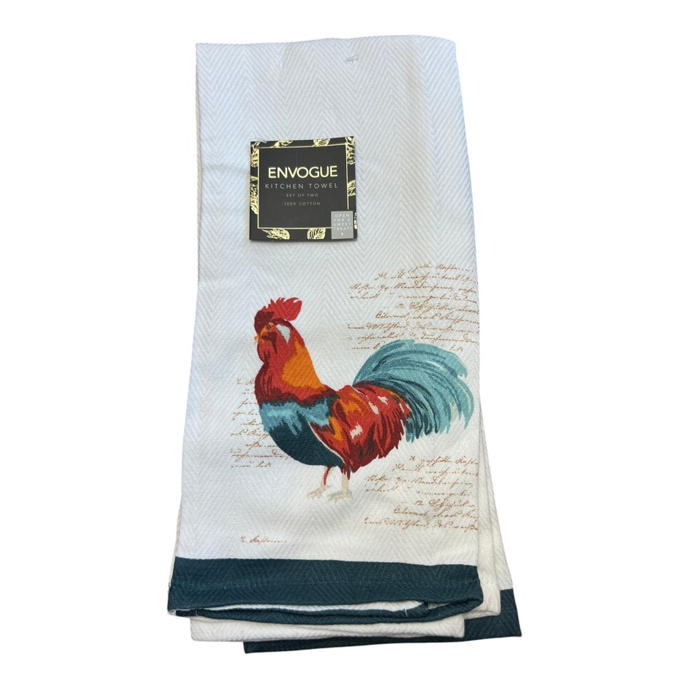Envogue Kitchen Towel Set of 2 White Rooster Cotton Brand New Farmhouse Decor